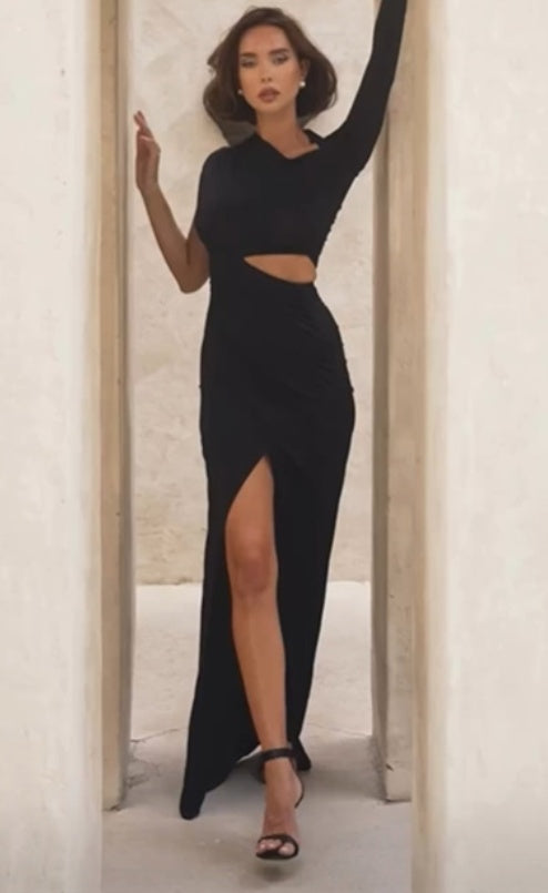 Hollow Out Asymmetric Slim Fit Long Sleeve Dress